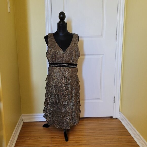 Frank Lyman dress formal evening date gold silver plus 14 metallic vintage gown - Picture 1 of 13